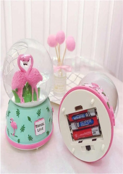 Renkli Flamingo Temalı Püskürtmeli Kar Küresi ve Müzik Kutusu, Büyük Boy fiyatları