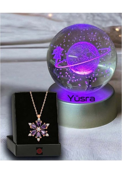 Renkli LED Işıklı Dekoratif Cam Toplamışlı Satürn ve Çiçek Tasarımı