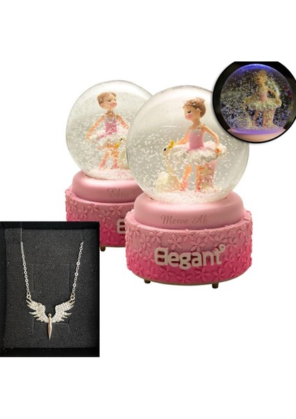 Işıklı Müzikli Balerin Kız Kar Küresi ve Melek Kolye Hediye Seti