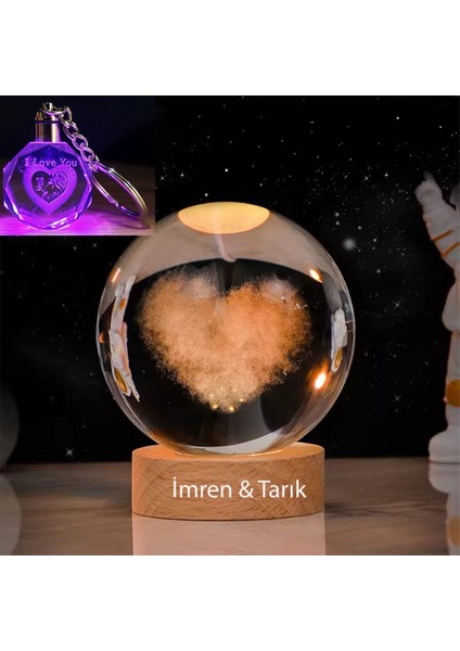 Işıklı Ahşap Kaideli Kalp Cam Küre ve Anahtar Seti, 8cm, Özel Tasarım
