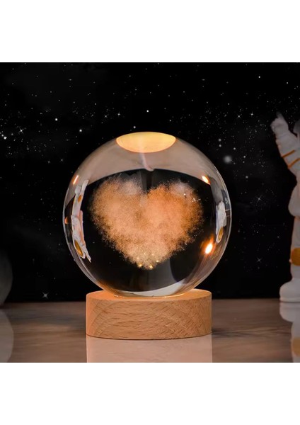 Işıklı Ahşap Kaideli Kalp Cam Küre ve Anahtar Seti, 8cm, Özel Tasarım modelleri