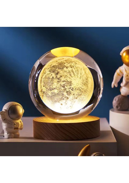 Özel Tasarım Işıklı Ahşap Kaideli Dolunay Cam Küre ve Anahtar Seti