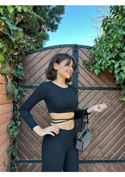 Kadın Paçası Yırtmaç Detaylı Taşlı Bel Bağlamalı Kaşkorse Ikili Takım