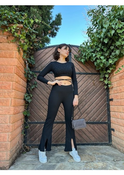 Kadın Paçası Yırtmaç Detaylı Taşlı Bel Bağlamalı Kaşkorse Ikili Takım