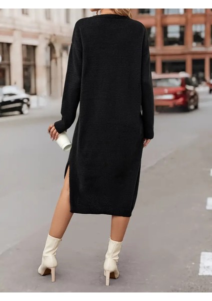 Kadın Uzun Kollu Bisiklet Yaka Yandan Yırtmaçlı Midi Triko Elbise(Kemersiz)