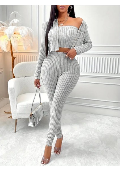 Kadın Uzun Kollu Straplez Şardonlu Kaşkorse Bluz Önü Düğmeli Ceket ve Tayt Pantolonlu Üçlü Takım fırsatları