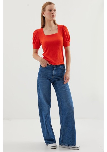 0409 Kare Yaka Örme Bluz - Oranje modelleri