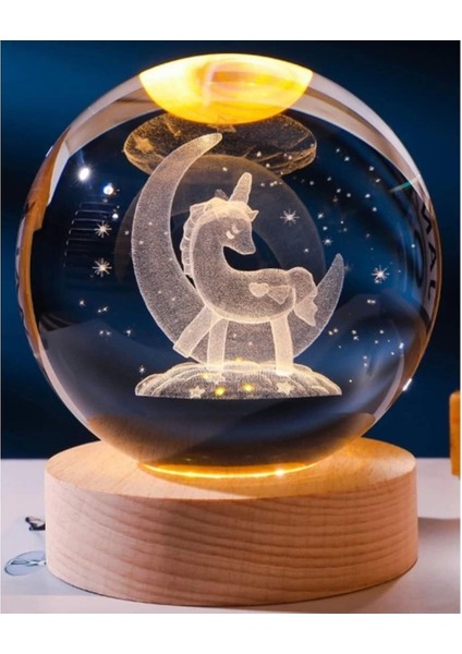 Işıklı Ahşap ve Cam Küre, Unicorn Tasarımı, 8cm Cam, 2cm Altlık, Dekoratif Parça