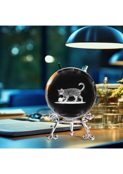 Şık Metal Ayaklı 3D Kedi Cam Küre, 6cm, Dekoratif ve Estetik Tasarım