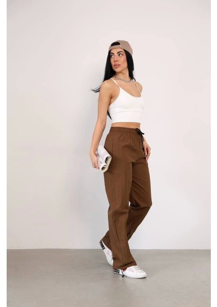 Praşut Kumaş Paça Cepli Baggy Eşofman - Kahve