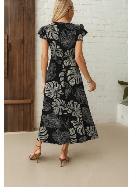 Kadın Kısa Kollu V Yakalı Desenli Yandan Yırtmaçlı Süprem Elbise modelleri