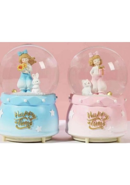 Renkli Büyük Kar Küresi, Kız ve Tavşan Figürleriyle Şık Dekorasyon.