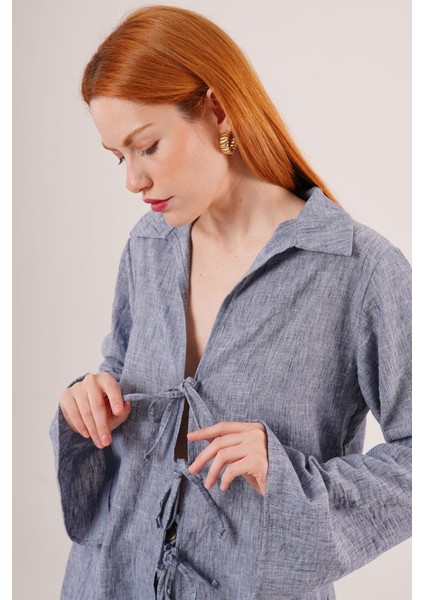 Ön Bağlama Detaylı Pantolon ve Gömlek Indigo Ikili Takım