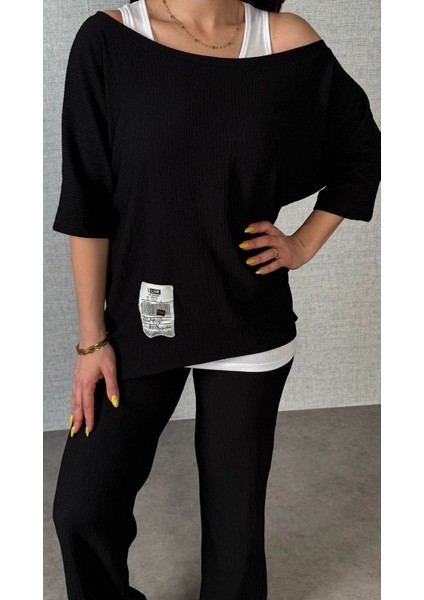 Kadın Kısa Kollu Omuzlardan Açık Yarasa Kollu Bürümcük Bluz ve Pantolon ve Viskon Atlet indirimleri