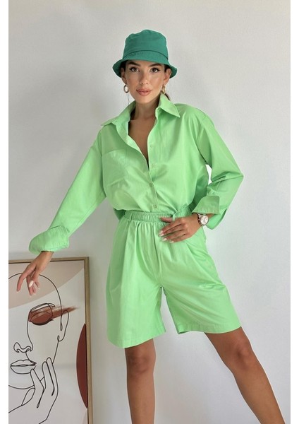 Fıstık Yeşili Önü Cepli Gömlek ve Şort Takım modelleri