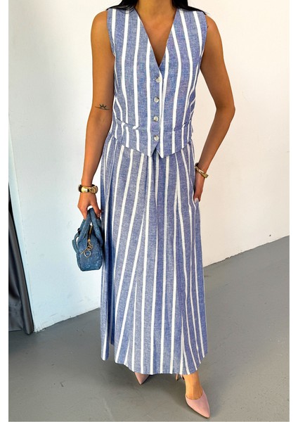 Keten Çizgili Yelek - Uzun Etek Takım - Mavi fırsatları