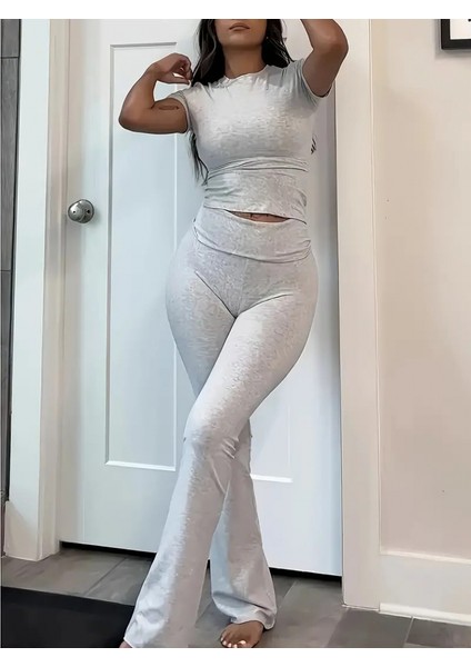 Kadın Kısa Kollu Bisiklet Yaka Alt Ispanyol Paça Viskon Ikili Takım fırsatları