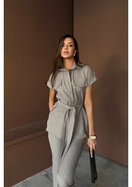 Çizgili Polyviskon Bluz - Pantolon Takım - Gri fırsatları