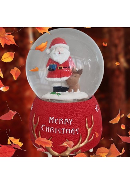 Kırmızı Büyük Cam Kar Küresi, Müzikli ve Püskürtmeli Noel Baba ve Geyik Temalı