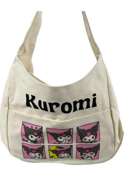 Kuromi Desenli Krem Rengi Kanvas Kumaş Çanta
