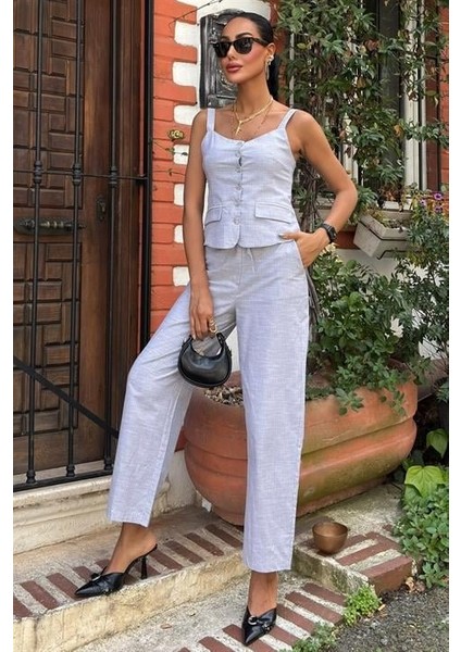 Kalın Askılı Bluz Pantolon Keten Takım 10187