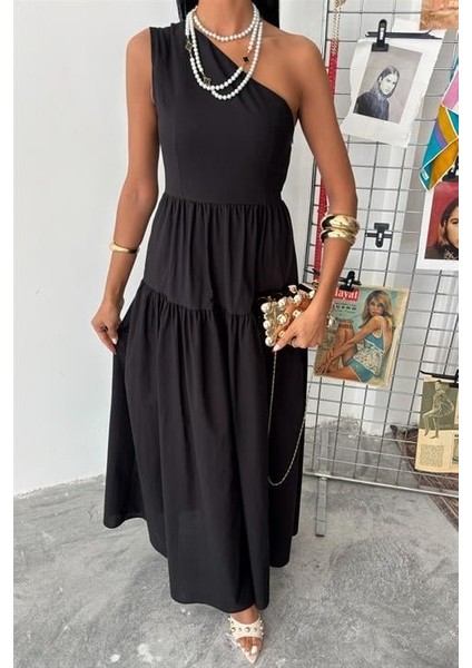 Tek Omuzlu Pile Detay Maxi Elbise 2895 modelleri