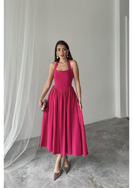 Fuşya Boyundan Bağlamalı Keten Elbise