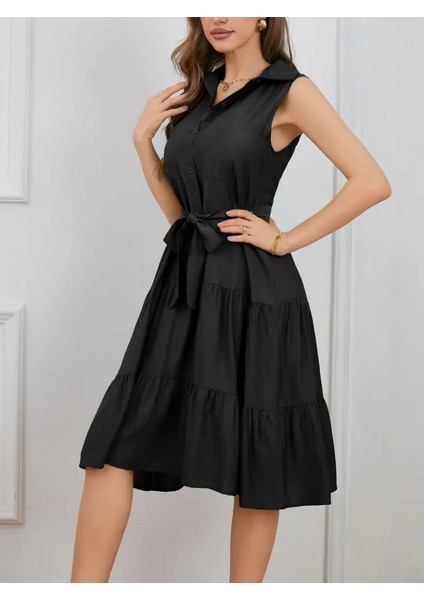 Kadın Kısa Kollu Gömlek Yaka Düğmeli Beli Kuşaklı Katlı Dokuma Midi Elbise