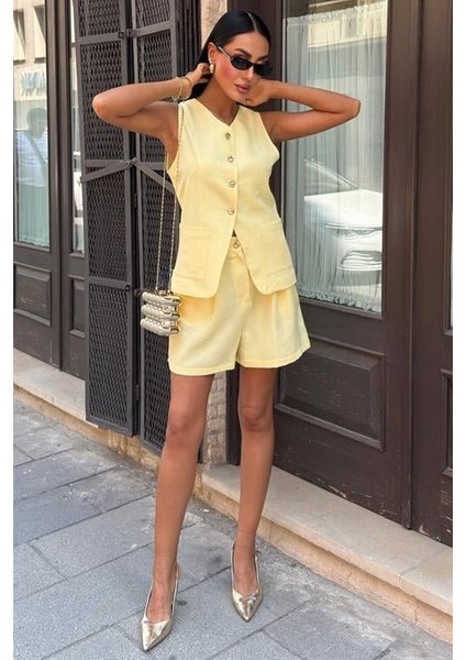 Gold Düğme Detaylı Yelek Şort Cotton Takım 10208 indirimleri