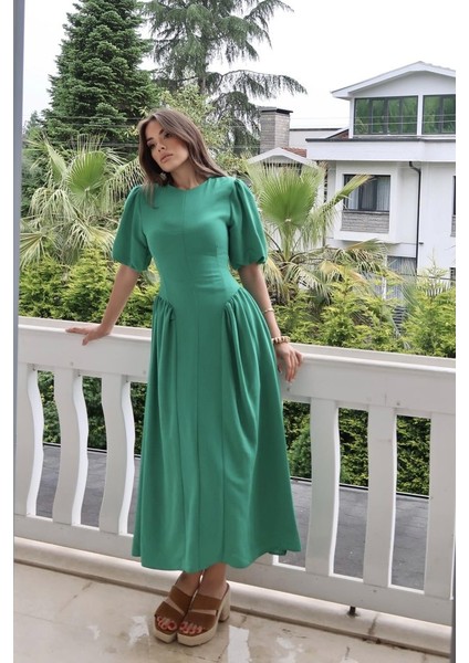 Yeşil Arkadan Bağlamalı Büzgülü Keten Elbise fiyatları