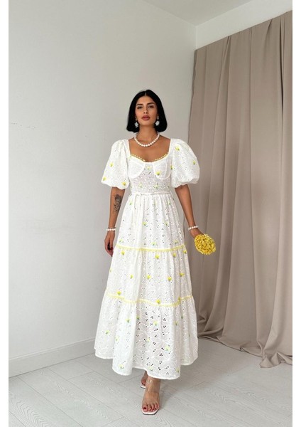 Sarı Dantel Detaylı Brode Elbise