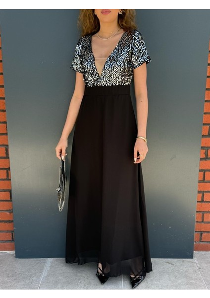 Kadın Kısa Kollu Derin V Yakalı A Kesim Pulpayet Detaylı Şifon Nedime Elbisesi fırsatları