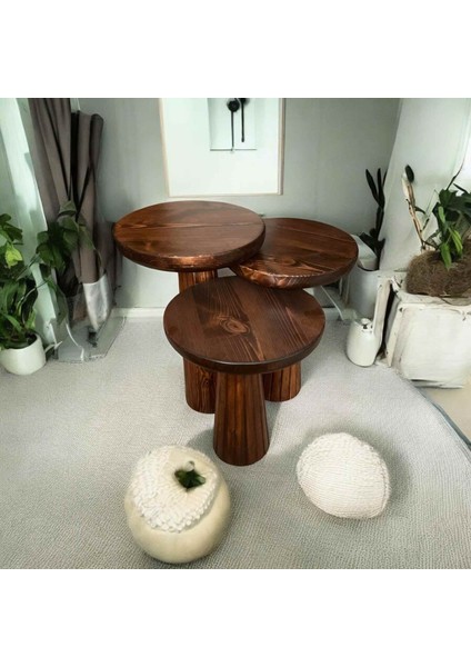 Dekoratif Ahşap Mantar Sehpa 3’lü Set – Masif Doğal Kestane Renk Fiskos ve Zigon