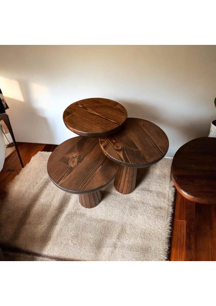 Dekoratif Ahşap Mantar Sehpa 3’lü Set – Masif Doğal Kestane Renk Fiskos ve Zigon fiyatları