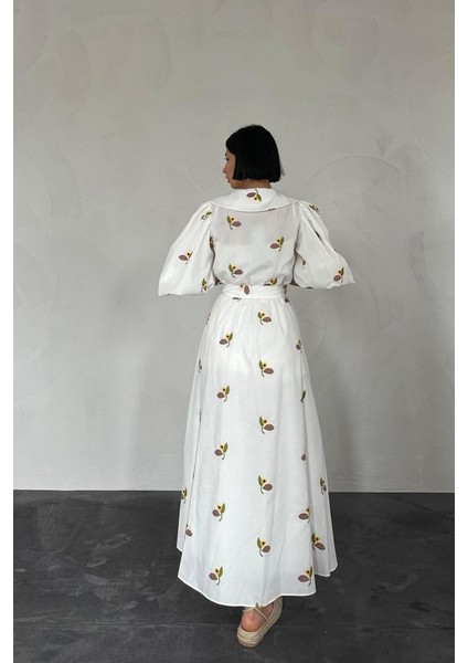 Kahverengi Yakası Çiçek Motifli Kemerli Elbise modelleri