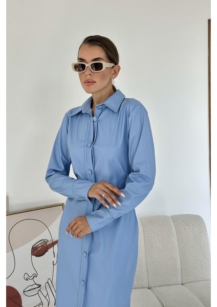 Mavi Boydan Düğmeli Deri Elbise fiyatları