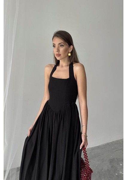 Siyah Boyundan Bağlamalı Keten Elbise fırsatları