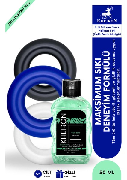 3’lü Silikon Halka Seti ve Yeşil Elma Aromalı 50ML Su Bazlı Jel – Esnek Yapı, Uzun Deneyim Odaklı Kullanım, Yağsız Formül, Kolay Temizlenebilir Hijyenik Set – Uzun Deneyim Etkisi