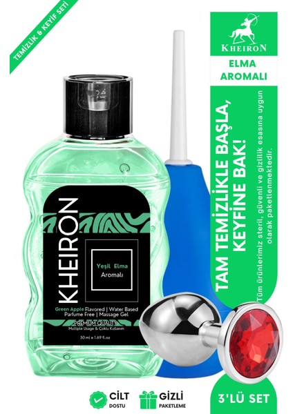 Yeşil Elma Aromalı Masaj Jeli 50 ml + Hijyen Pompası + Özel Plug 3’lü Set
