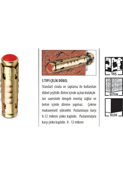 M8 S Tipi Çelik Çekme Dubel 100 Adet fiyatları