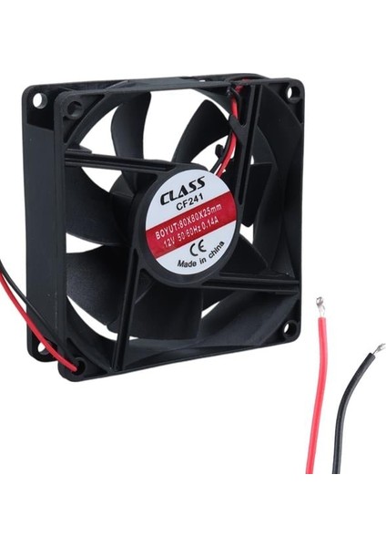 Class CF-241 DC12V 80X80X25MM Aksiyel Fan - 20CM Siyah-Kırmızı Güç Kablolu