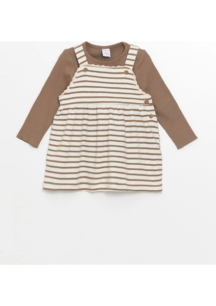 Lcw Baby Ekru Kare Yaka Çizgili Kız Bebek Elbise ve Tişört 2'li Takım