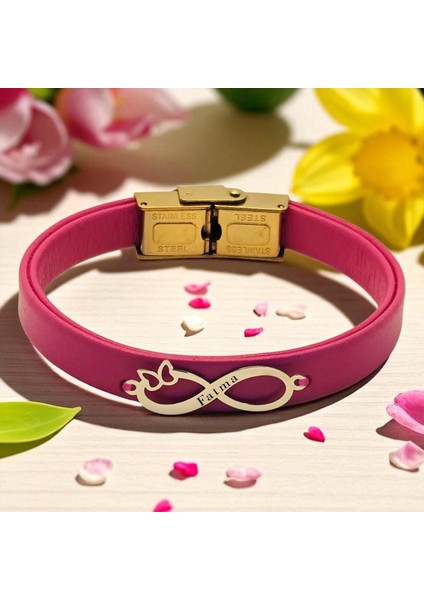 14 Ayar Plakalı Altın Fatma Ismine Özel Pembe Derili Sonsuzluk Motifli Hediye BILEKLIK-617ISIM fiyatları
