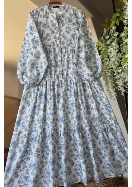 Çiçek Desenli Düğme Detaylı V Yaka Elbise