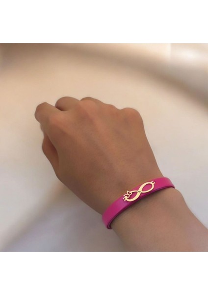 Altın Plakalı 14 Ayar A Harfine Özel Doğal Pembe Derili Sonsuzluk Motifli Hediye BILEKLIK-617HARF