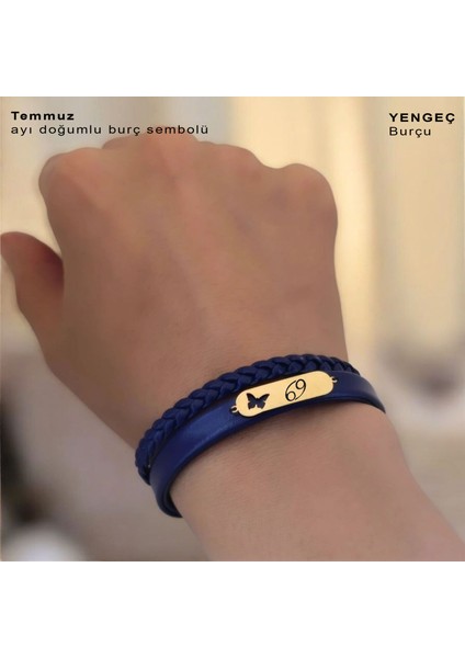 14 Ayar Plakalı Altın Temmuz Ayı Doğumlarına Kelebek Motifli Lacivert Derili Hediye BILEKLIK-616AY