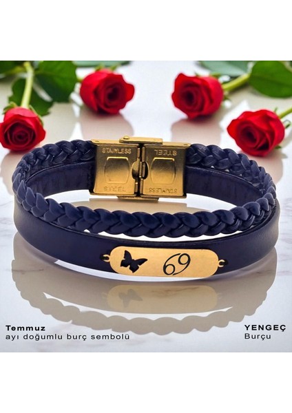 14 Ayar Plakalı Altın Temmuz Ayı Doğumlarına Kelebek Motifli Lacivert Derili Hediye BILEKLIK-616AY fiyatları