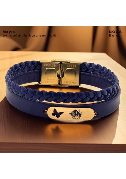 14 Ayar Altın Plakalı Boğa Burçları Için Lacivert Derili Kelebek Motifli Hediye BILEKLIK-616BURÇ fiyatları