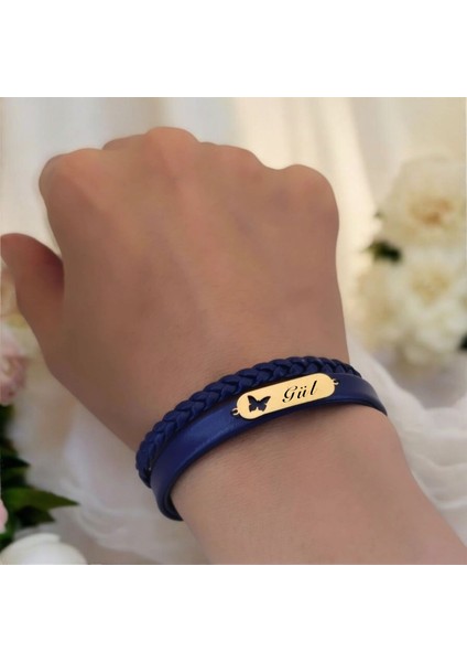 14 Ayar Altın Plakalı Gül Ismine Özel Lacivert Derili Kelebek Motifli Hediye BILEKLIK-616ISIM