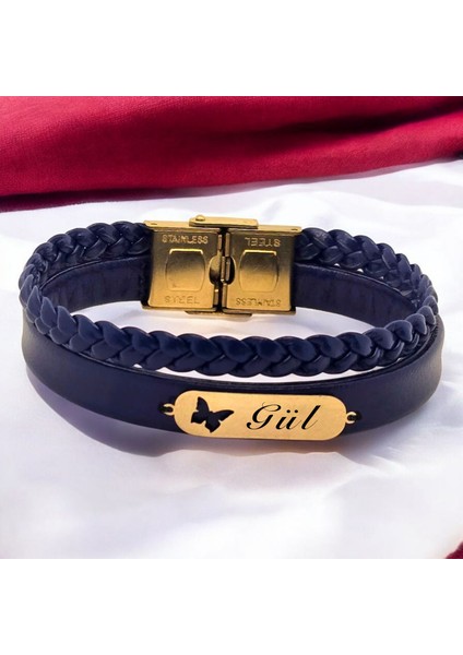 14 Ayar Altın Plakalı Gül Ismine Özel Lacivert Derili Kelebek Motifli Hediye BILEKLIK-616ISIM fiyatları